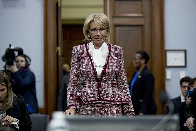 Education Secretary Betsy DeVos arrives for a House Appropriations subcommittee hearing on budget on Capitol Hill in Washington last week. (AP Photo/Andrew Harnik)