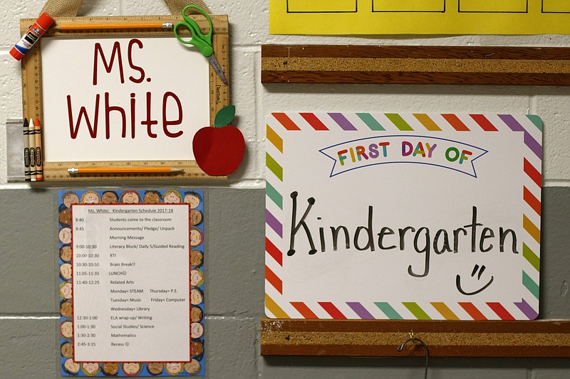 A welcome sign is seen outside of Fran White's kindergarten classroom at Hixson Elementary School on Tuesday, Aug. 7, 2018 in Hixson, Tenn.