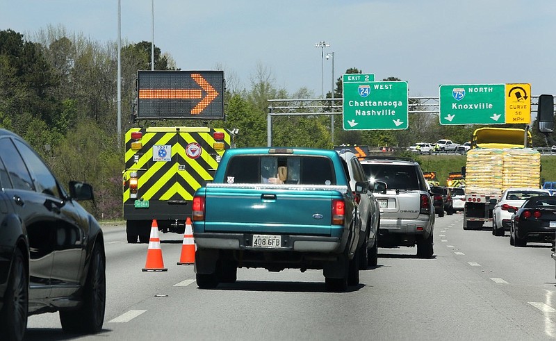 Traffic is shifted right onto Interstate 75 North following a railing collapse on the Interstate 75 South ramp to I-75 South Monday, April 1, 2019 in Chattanooga, Tennessee. The ramp from 1-75 North to I-24 West will be closed during the repairs. 