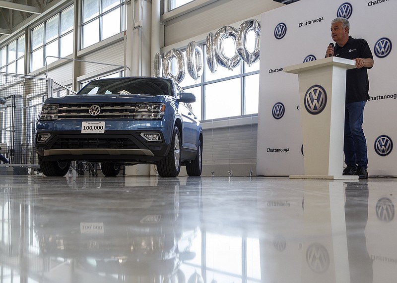 Chief Executive Officer for Volkswagen Chattanooga Antonio Pinto speaks during a press conference unveiling the 100,000th Atlas SUV assembled in Chattanooga at the Volkswagen Academy on Friday, Oct. 5, 2018 in Chattanooga, Tenn.