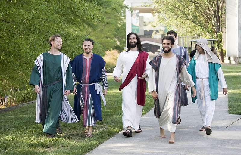 Jesse Rademacher, center, associate professor of visual art and design at Southern Adventist University, portrayed Jesus in a previous SonRise Resurrection Pageant. He is shown with some of the SAU students who played Jesus' Disciples. / Southern Adventist University contributed photo
