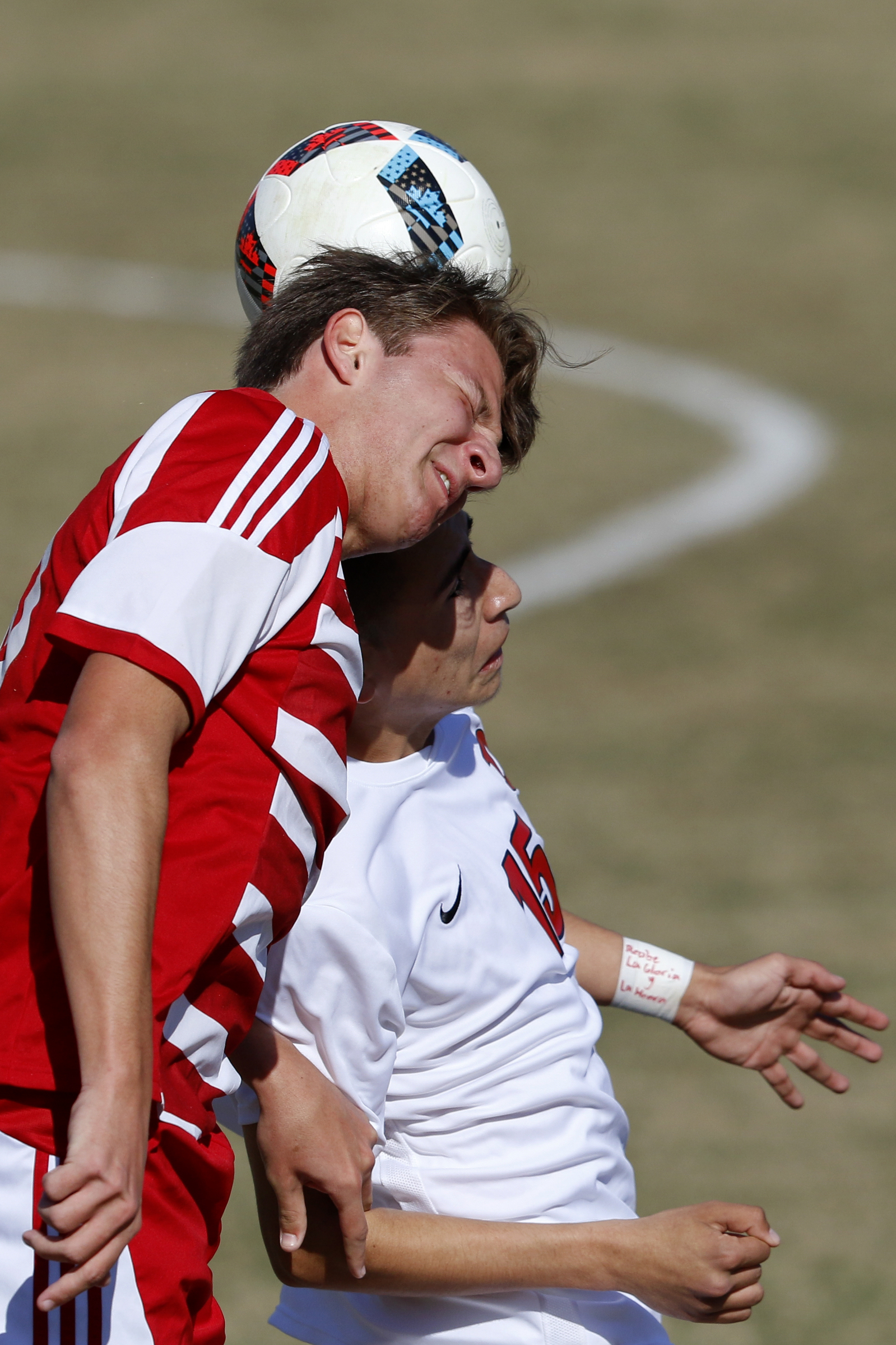 Baylor's Nathan Webb (20) and Dalton's Nathan Rincon (15) go to head the ball at Baylor School on Tuesday, April 2, 2019 in Chattanooga, Tenn.