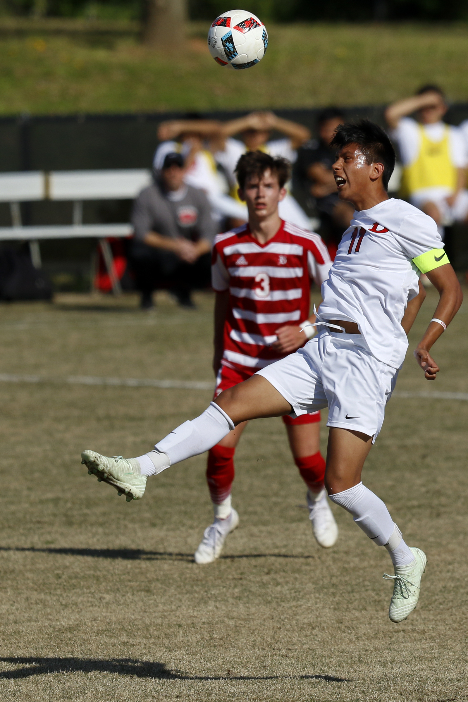 Dalton's Ivan Mora (11) plays the ball against Andrew Hill (3) and Baylor at Baylor School on Tuesday, April 2, 2019 in Chattanooga, Tenn.
