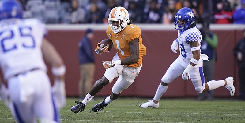 Tennessee receiver Marquez Callaway, shown during last season's home game against Kentucky, is preparing for his senior season with the Vols. Along with the team's 11 other rising seniors, Callaway is trying to help a large group of early enrollees along during spring practices.