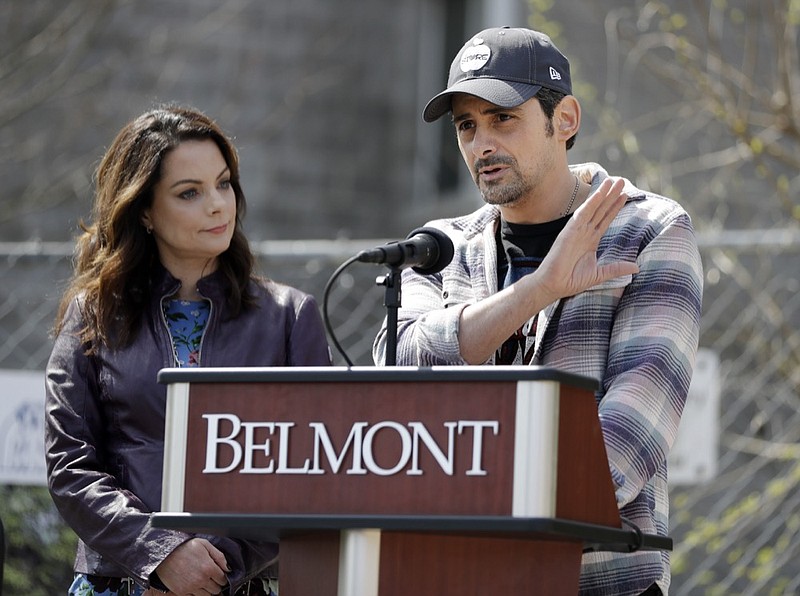 Country music star Brad Paisley and his wife, actress Kimberly Williams-Paisley, speak at the groundbreaking ceremony for The Store, a free grocery store for people in need, Wednesday, April 3, 2019, in Nashville, Tenn. (AP Photo/Mark Humphrey)

