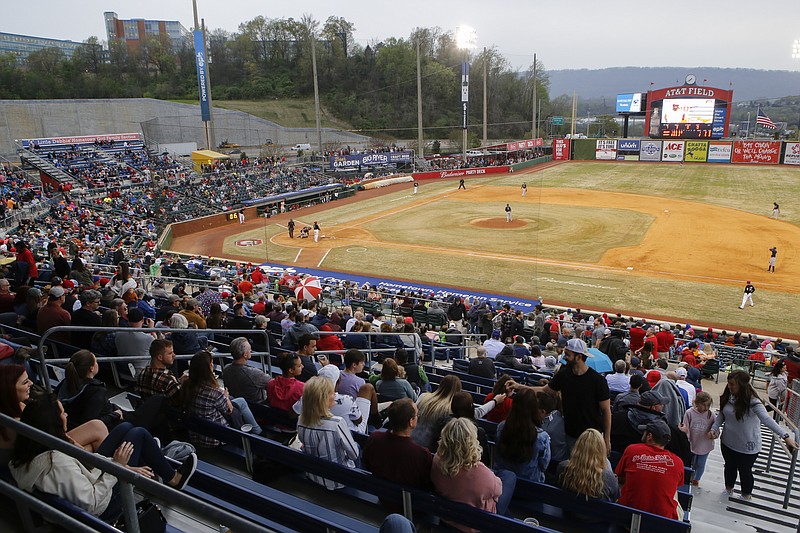 Fans fill the stands on opening night at AT&T Field for a game between the Chattanooga Lookouts and the Montgomery Biscuits on Thursday, April 4, 2019, in Chattanooga, Tenn.