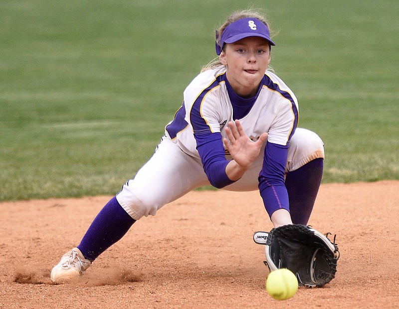 Sequatchie County shortstop Ella Edgmon fields a grounder during Thursday night's home game against Marion County, which the host Lady Indians won 6-1 for their 16th straight victory.