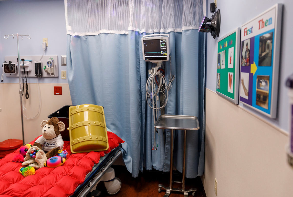 A new sensory-friendly exam room in the emergency room at Parkridge East is seen on Thursday, April 4, 2019, in Chattanooga, Tenn. The room includes special features like sound-proofing, calming lighting and a weighted blanket to accommodate patients with autism and sensory sensitivity.