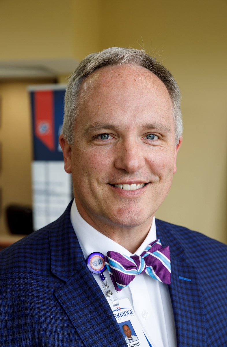 Parkridge East CEO Jarrett Millsaps poses for a portrait at Parkridge East on Thursday, April 4, 2019, in Chattanooga, Tenn. The room includes special features like sound-proofing, calming lighting and a weighted blanket to accommodate patients with autism and sensory sensitivity.