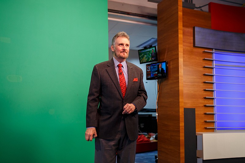 Chief Meteorologist Paul Barys pauses between breaks during a broadcast from the studio of the WRCB Channel 3 Eyewitness News television station on Tuesday, Feb. 19, 2019, in Chattanooga, Tenn. Barys's broadcast focused on a forecast of heavy rain for the week across the Chattanooga viewing area.