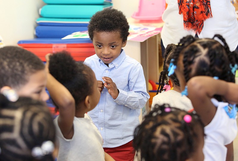 Marecus Glover, 3, repeats after his teacher as he learns new material at Champion Christian Learning Academy Monday, April 1, 2019 in Chattanooga, Tennessee. The children attend the learning academy in order to be better prepared to enter kindergarten.