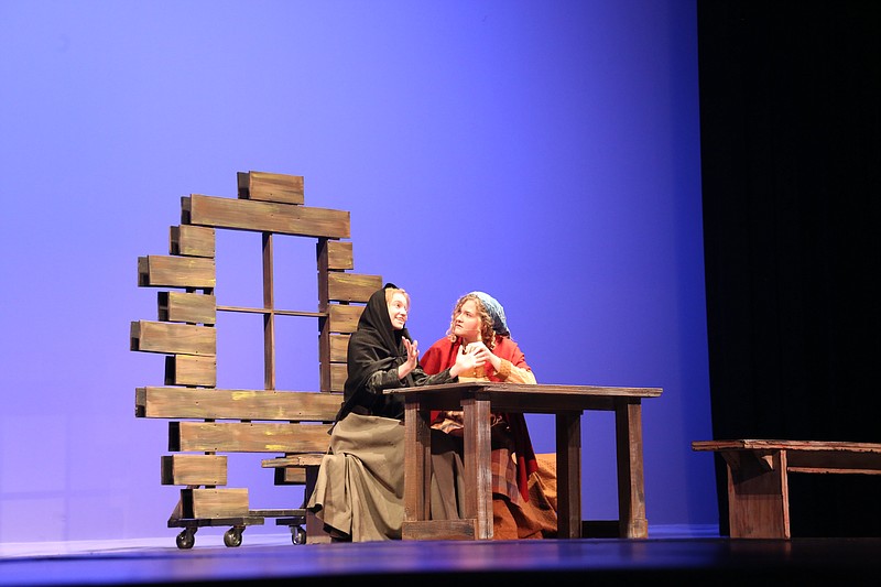 Students from Girls Preparatory School and McCallie's upper school will combine their talents to present "Fiddler on the Roof." McCallie senior Kevin Collins is cast as Tevye and GPS senior Abi Wilson plays his wife, Golde, shown seated right with Jane Wilde, who plays Yente.
