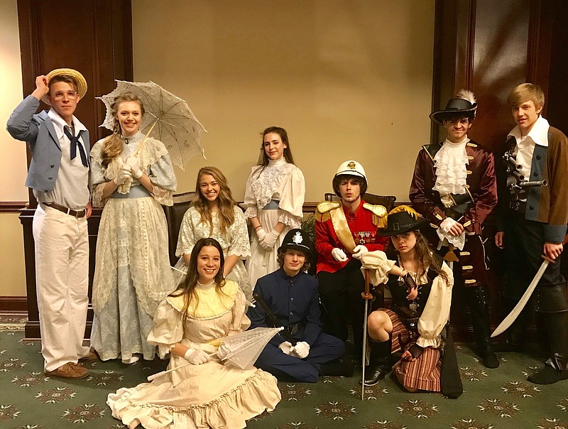 Students in Chattanooga Southeast Tennessee Home Education Association will present "The Pirates of Penzance" at The Colonnade. Among the 43 cast members are seated front, from left, Olivia Buyno, Tallis Finch and Darien Barrett. In back, from left, are Garrett Wheeler, Chloe Neel, Caroline Layton, Abbey Ridgeway, Aaron Sills, Nathan Ridgeway and Evan Neel. / CSTHEA contributed photo