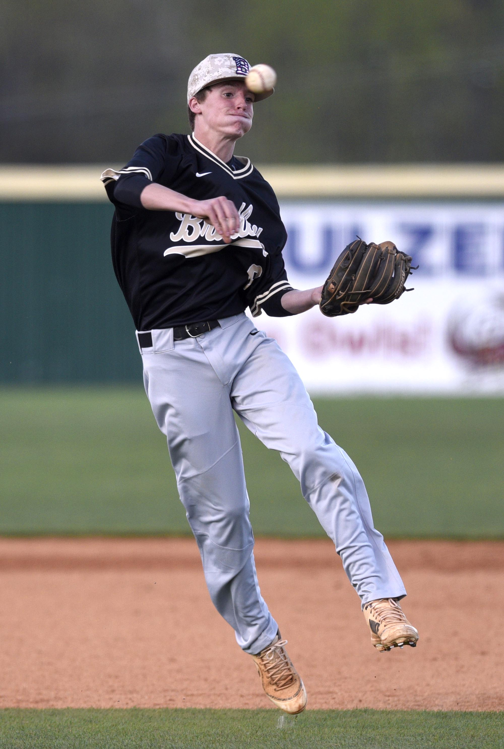 Bradley shortstop Ashton Simmons (9) throws on the run. The Bradley Central Bears visited the Ooltewah Owls in TSSAA baseball action on April 9, 2019.
