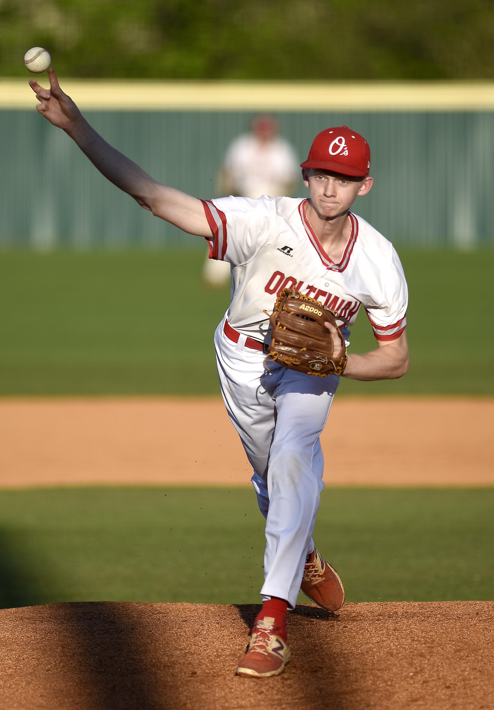 Jax Howard (27) pitches for Ooltewah. The Bradley Central Bears visited the Ooltewah Owls in TSSAA baseball action on April 9, 2019.