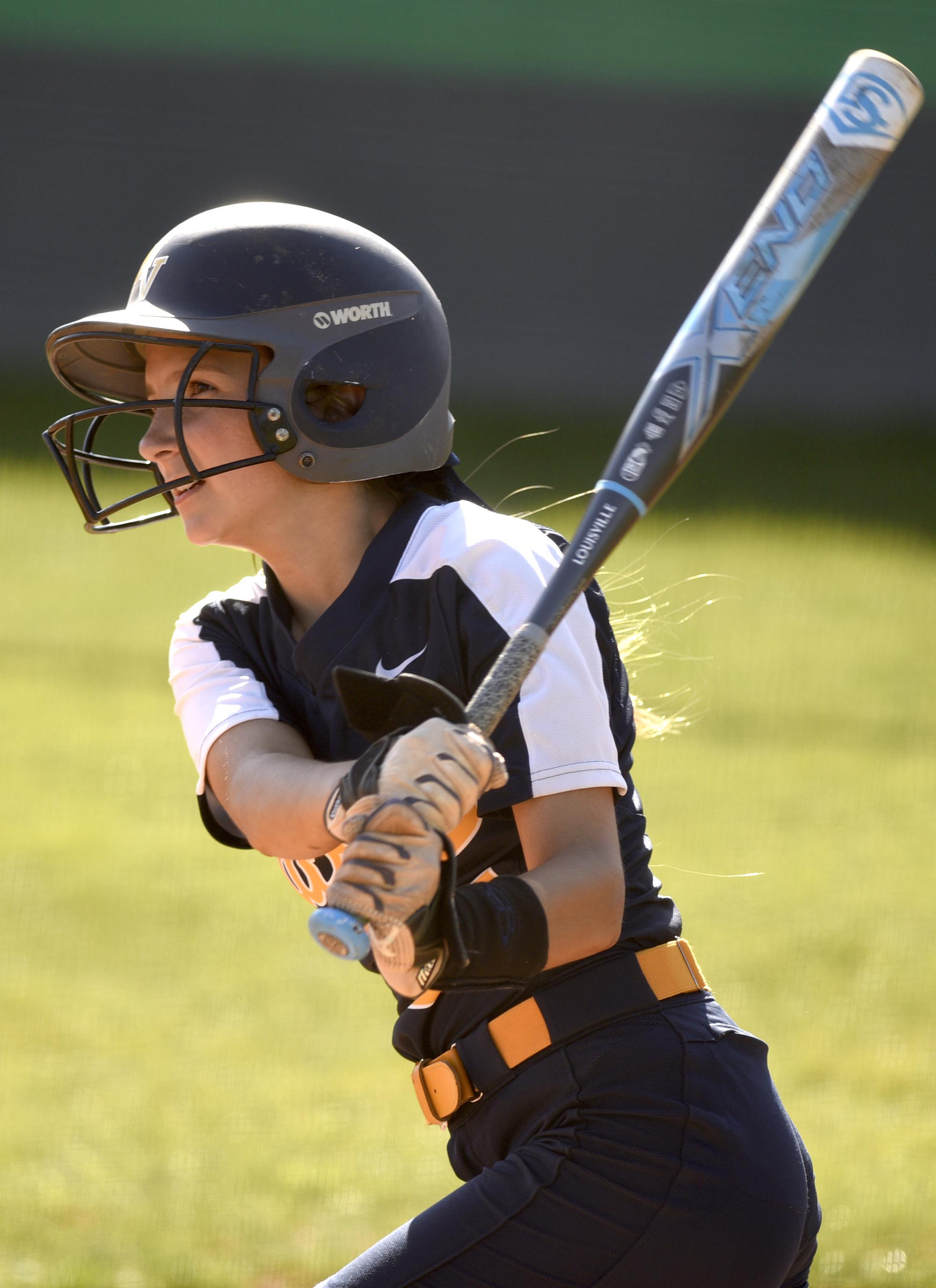 Walker Valley's Michele Benson (24) watches her base hit. The Walker Valley Lady Mustangs visited the East Hamilton Lady Hurricanes in TSSAA softball action on April 10, 2019.