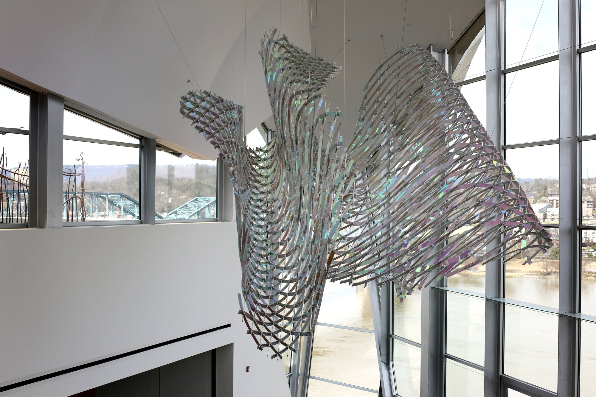 A piece titled "All Equations Are Wave Equations" by Alyson Shotz hangs at the Hunter Museum Tuesday, February 26, 2019 in Chattanooga, Tennessee. Shotz received her Bachelor of Fine Arts from the Rhode Island School of Design, and her Master of Fine Arts from the University of Washington, Seattle.
