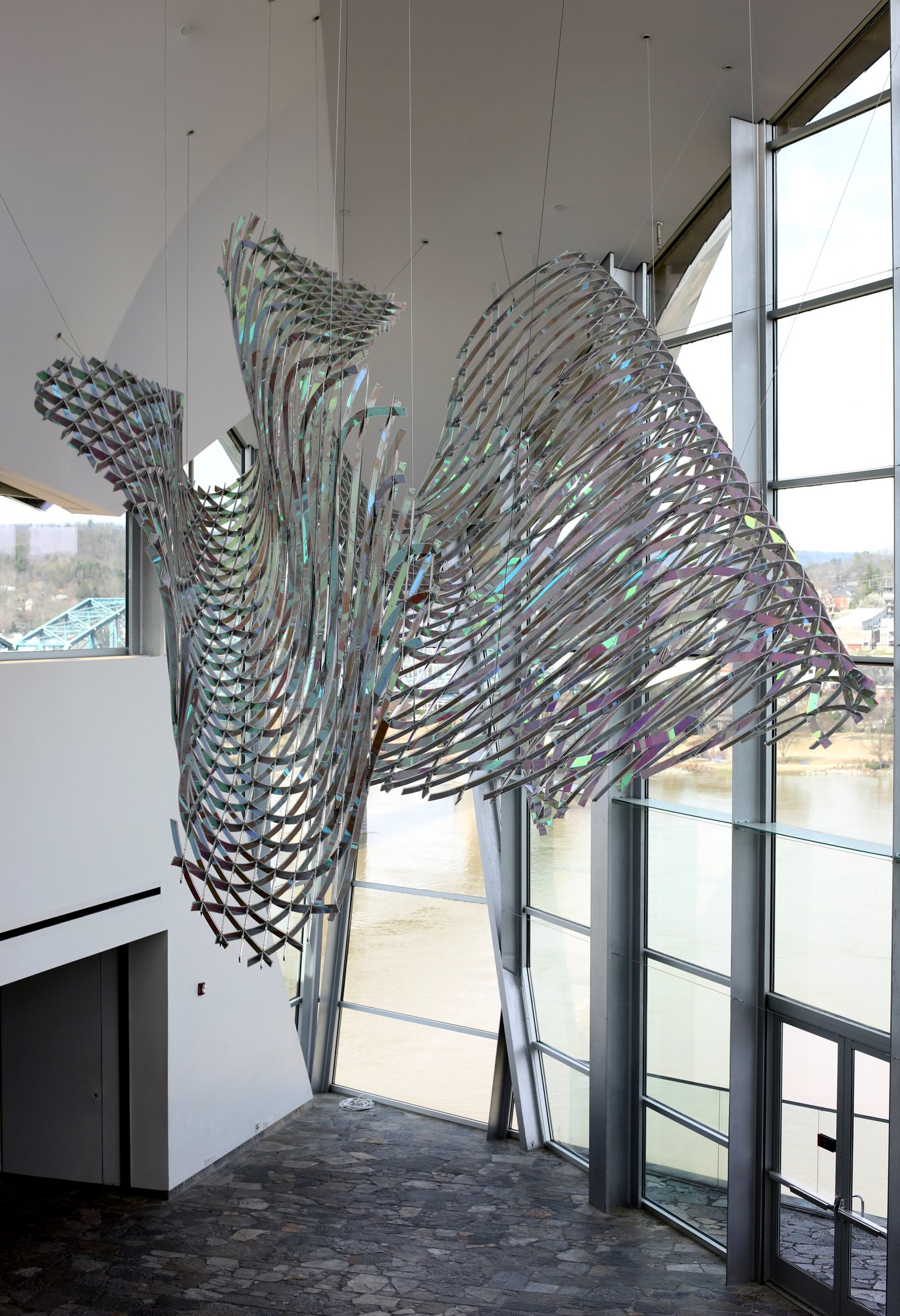 A piece titled "All Equations Are Wave Equations" by Alyson Shotz hangs at the Hunter Museum Tuesday, February 26, 2019 in Chattanooga, Tennessee. Shotz received her Bachelor of Fine Arts from the Rhode Island School of Design, and her Master of Fine Arts from the University of Washington, Seattle.