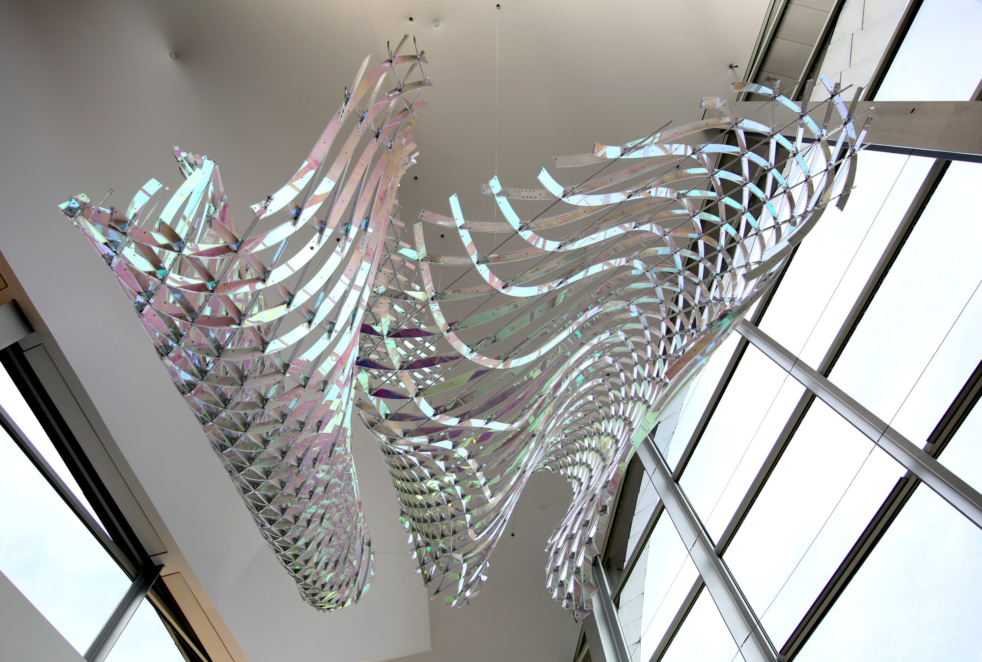 A piece titled "All Equations Are Wave Equations" by Alyson Shotz hangs at the Hunter Museum Tuesday, February 26, 2019 in Chattanooga, Tennessee. Shotz received her Bachelor of Fine Arts from the Rhode Island School of Design, and her Master of Fine Arts from the University of Washington, Seattle.