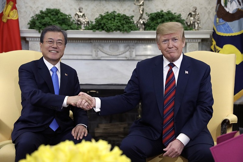 President Donald Trump meets with South Korean President Moon Jae-in in the Oval Office of the White House, Thursday, April 11, 2019, in Washington. (AP Photo/Evan Vucci)

