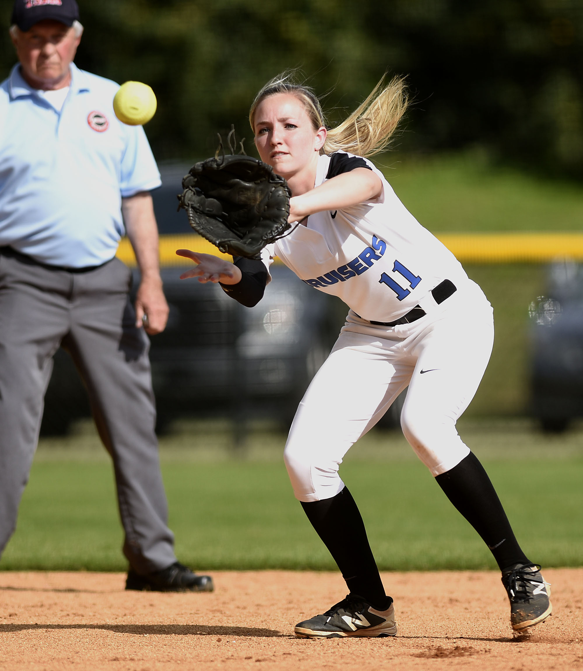 GPS shortstop Kaitlyn Songer (11) catches a Baylor line drive for a out. The Baylor Lady Raiders visited the Girls Preparatory School Bruisers in TSSAA softball action. The Bruisers won 5 to 0.