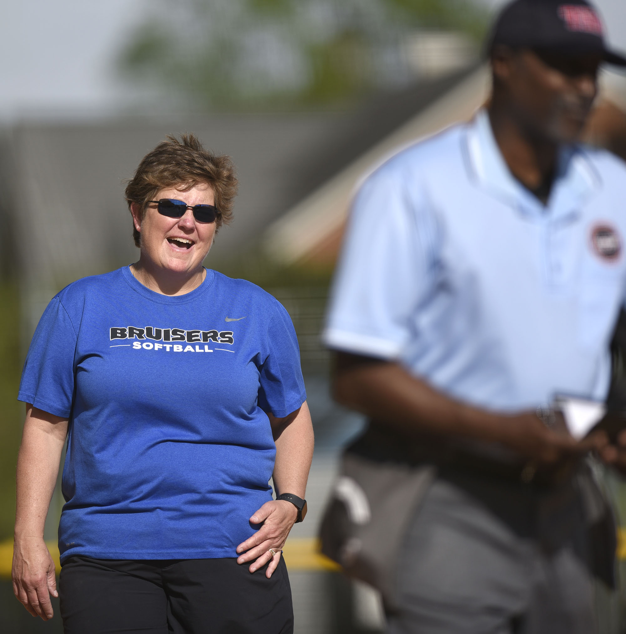 GPS head coach Susan Crownover shares a laugh with the home plate umpire. The Baylor Lady Raiders visited the Girls Preparatory School Bruisers in TSSAA softball action. The Bruisers won 5 to 0.