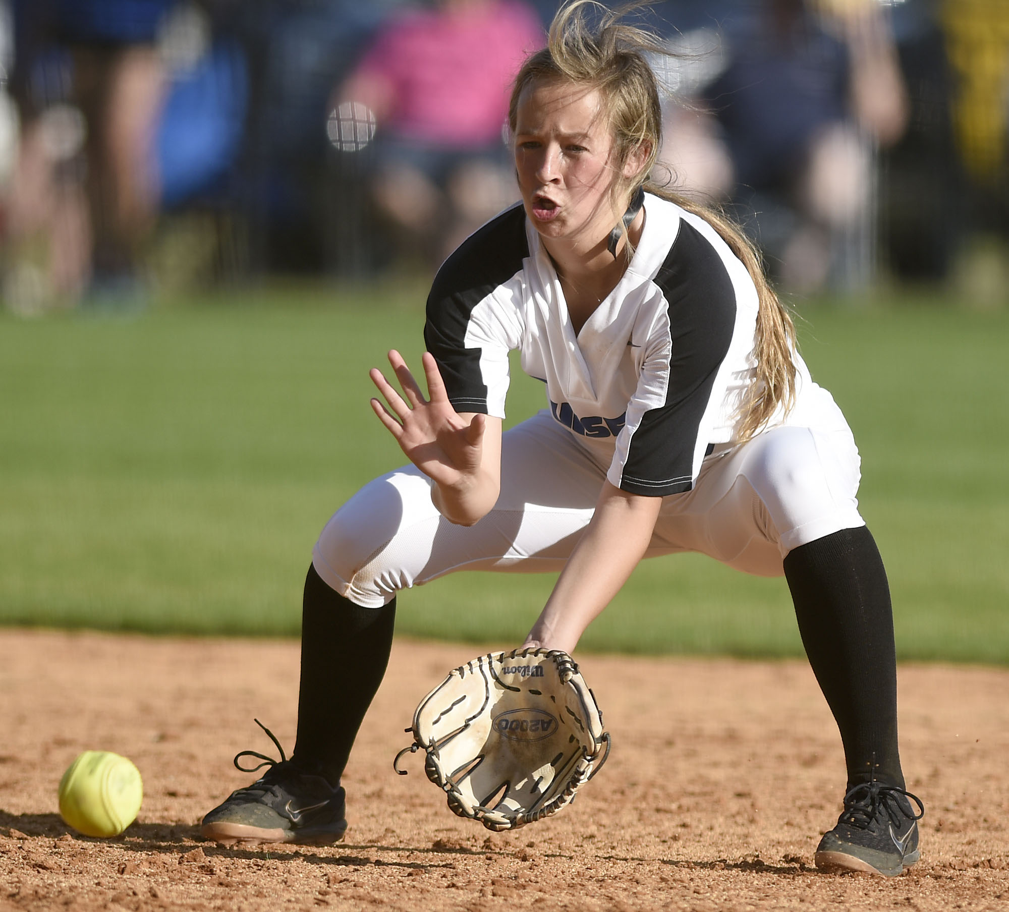 GPS second baseman Chapel Cunningham (9) fields a ground ball. The Baylor Lady Raiders visited the Girls Preparatory School Bruisers in TSSAA softball action. The Bruisers won 5 to 0.