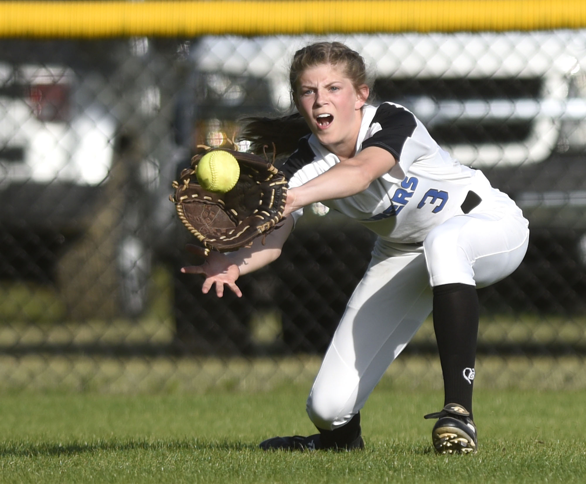 GPS left fielder Stella Henry (3) fields a low line drive. The Baylor Lady Raiders visited the Girls Preparatory School Bruisers in TSSAA softball action. The Bruisers won 5 to 0.