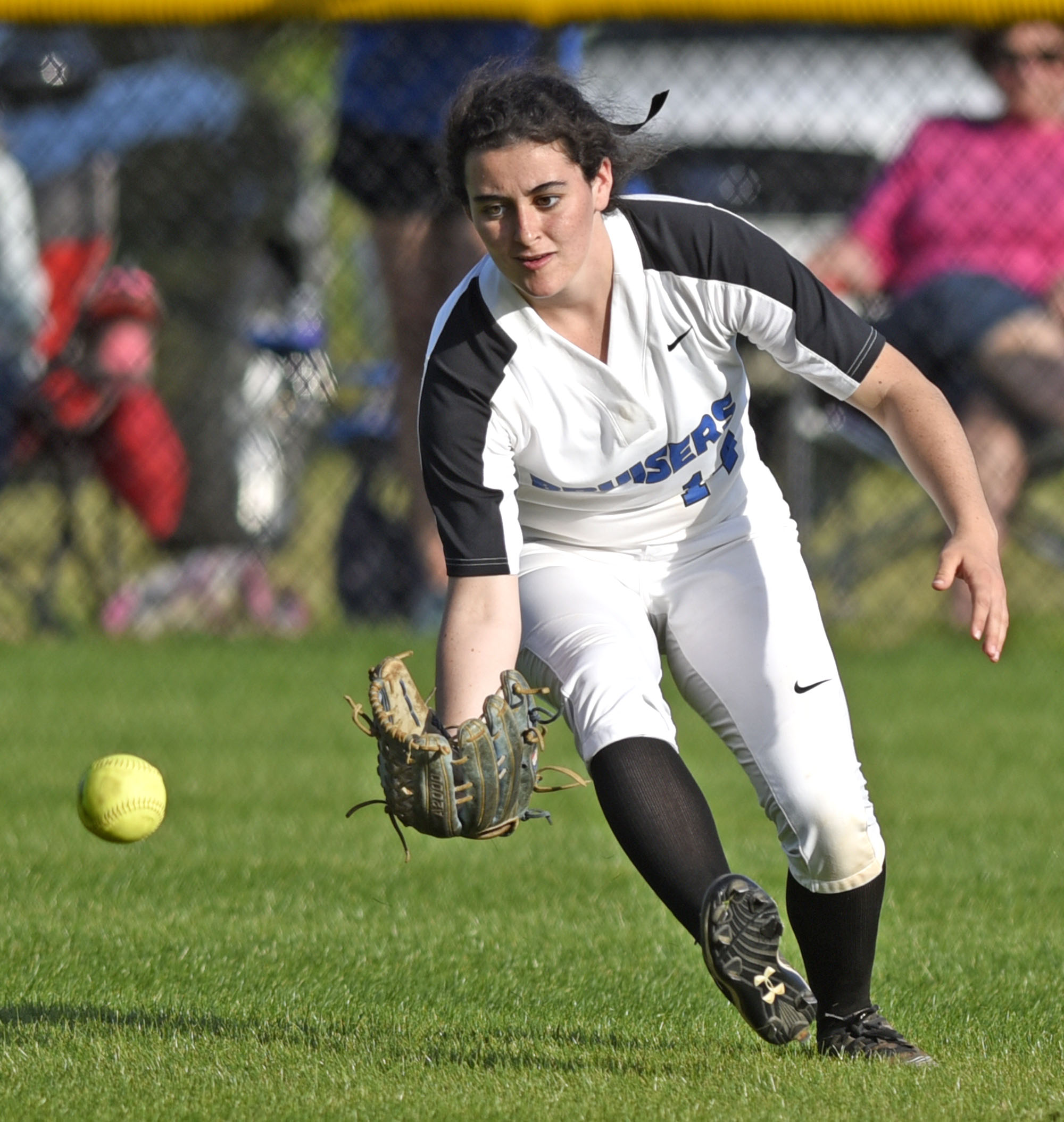 GPS centerfielder Elizabeth Warwick gathers in a Baylor hit. The Baylor Lady Raiders visited the Girls Preparatory School Bruisers in TSSAA softball action. The Bruisers won 5 to 0.