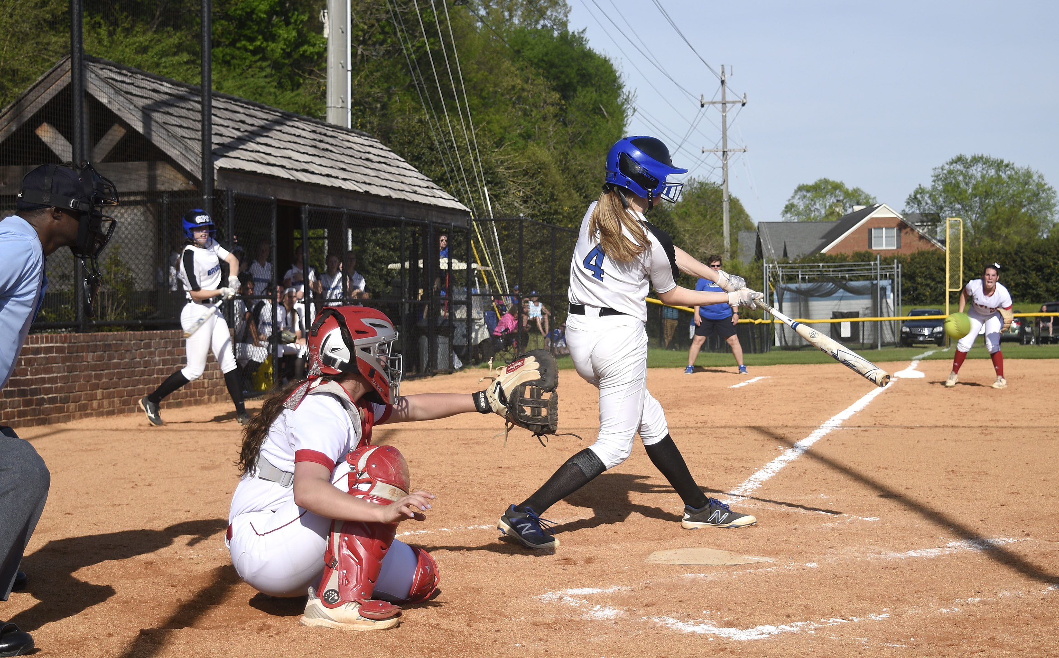 GPS's Brynley Oiver (4) makes contact for a single. The Baylor Lady Raiders visited the Girls Preparatory School Bruisers in TSSAA softball action. The Bruisers won 5 to 0.