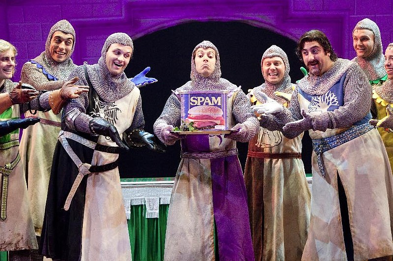 The Knights of the Round Table, who "eat ham and jam and Spam a lot," in a scene from "Spamalot." The national tour is at the Tivoli Theatre Tuesday through Thursday. / Spamalot National Tour photo