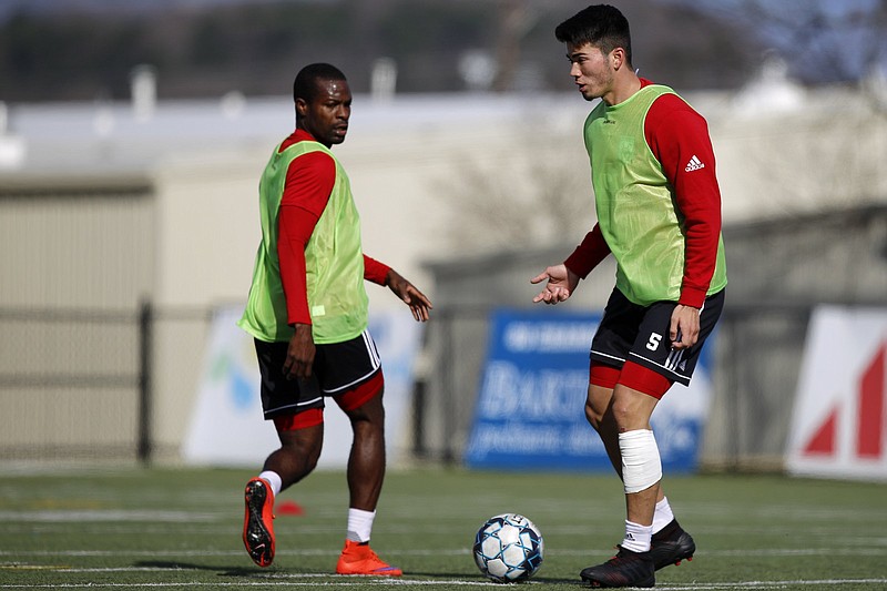 Chattanooga Red Wolves center back Leo Folla, right, played a key role in the team's strong defensive performance in a 1-0 home win against Madison Forward FC last Saturday.