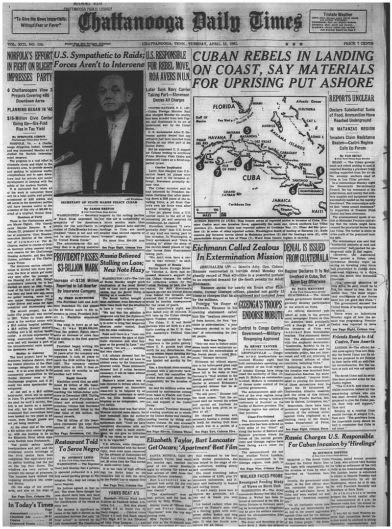 The front page of the April 18, 1961, edition of the Chattanooga Daily Times includes news of the Bay of Pigs.