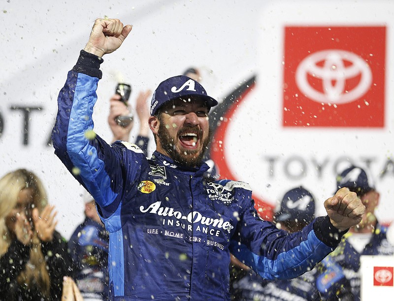 Martin Truex Jr. celebrates in victory lane after winning Saturday night's NASCAR Cup Series event at Richmond (Va.) Raceway.