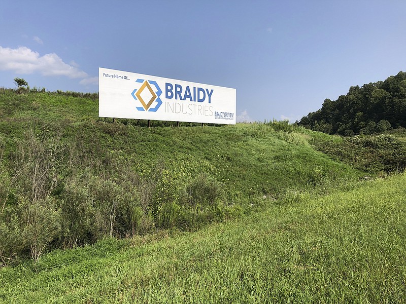 File-This Aug. 22, 2018, file photo shows a sign declaring the future home of Braidy Industries' aluminum mill in Ashland, Ky. An aluminum company planning to build a $1.7 billion plant in Appalachia is forming a partnership with a Russian company that until recently faced U.S. sanctions. Russian aluminum giant Rusal wants to invest $200 million in an aluminum rolling mill that Braidy Industries intends to build near Ashland, Kentucky. Rusal says it would assume a 40 percent ownership share in the mill in return for the investment. Braidy Industries would hold the other 60 percent share. (AP Photo/Adam Beam, File)