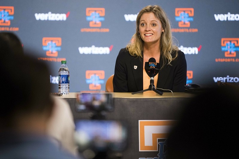 Kellie Harper speaks during a news conference introducing her as the head coach of the Lady Vols on April 10 in Knoxville.
