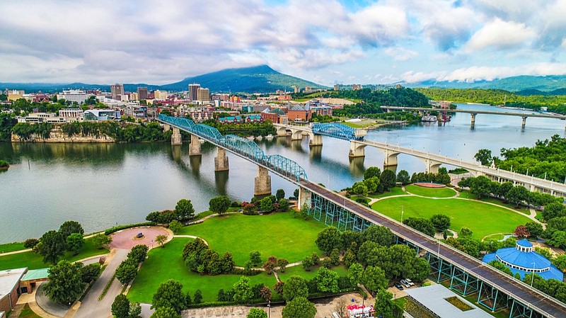 
Drone Aerial of Downtown Chattanooga TN Skyline, Coolidge Park and Market Street Bridge. downtown chattanooga tennessee / Getty Images