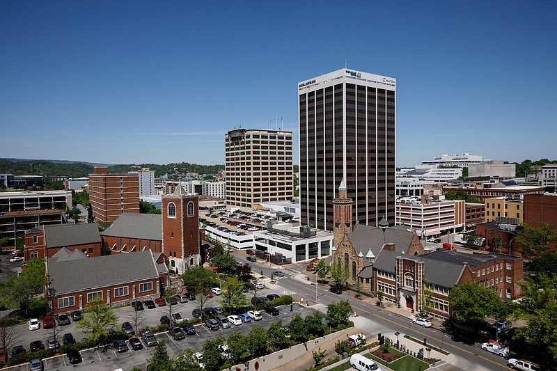 Buildings inside a proposed Business Improvement District are seen on Tuesday, April 16, 2019, in Chattanooga, Tenn. The proposed district would encompass downtown Chattanooga from the Riverfront to 11th Street and from U.S. Highway 27 to different areas bordered by Cherry Street, Lindsay Street and Georgia Avenue.