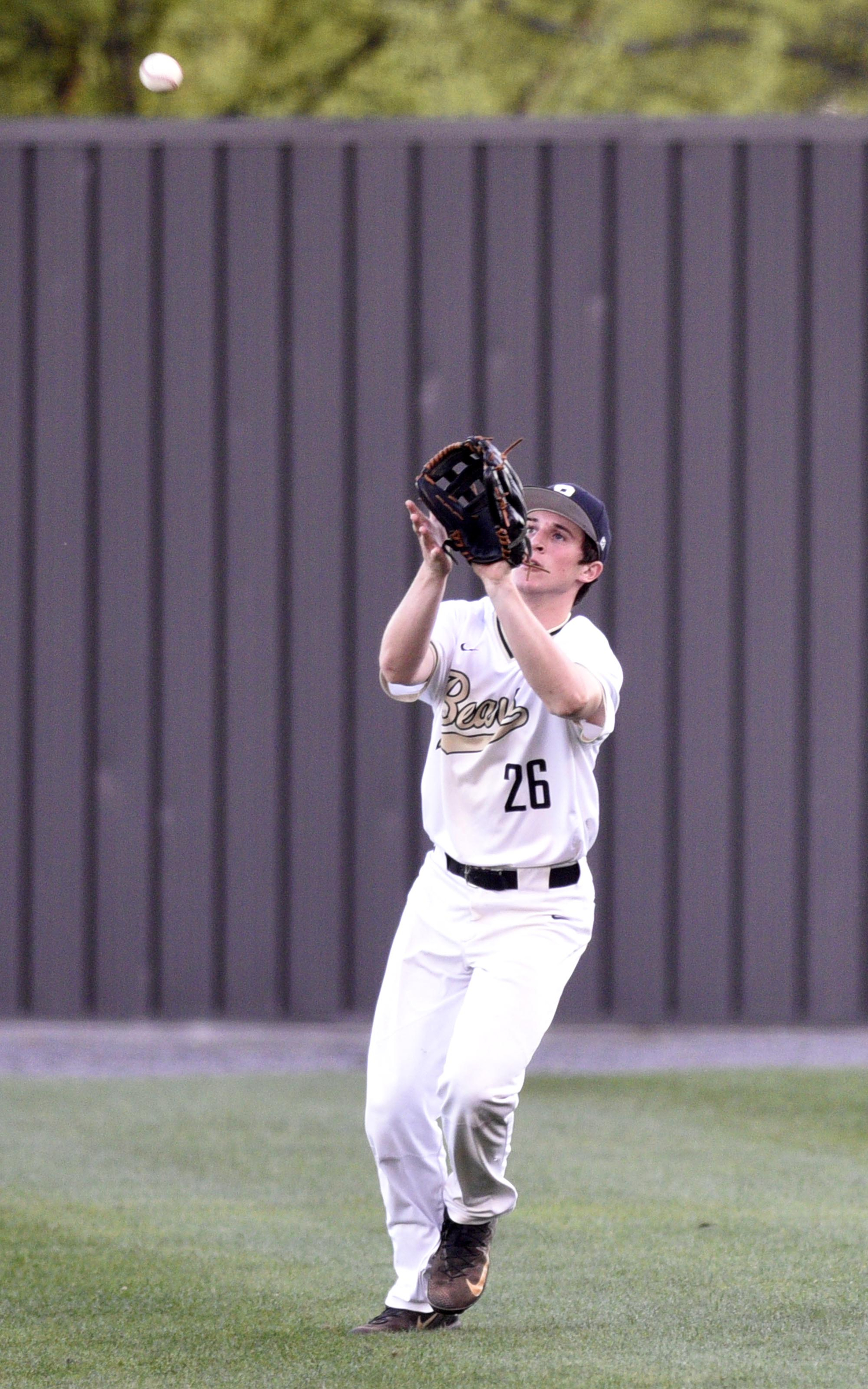 Bradley centerfielder Trucker Still (26) catches a short fly ball. The East Hamilton Hurricanes visited the Bradley Central Bears in TSSAA baseball action on April 16, 2019.