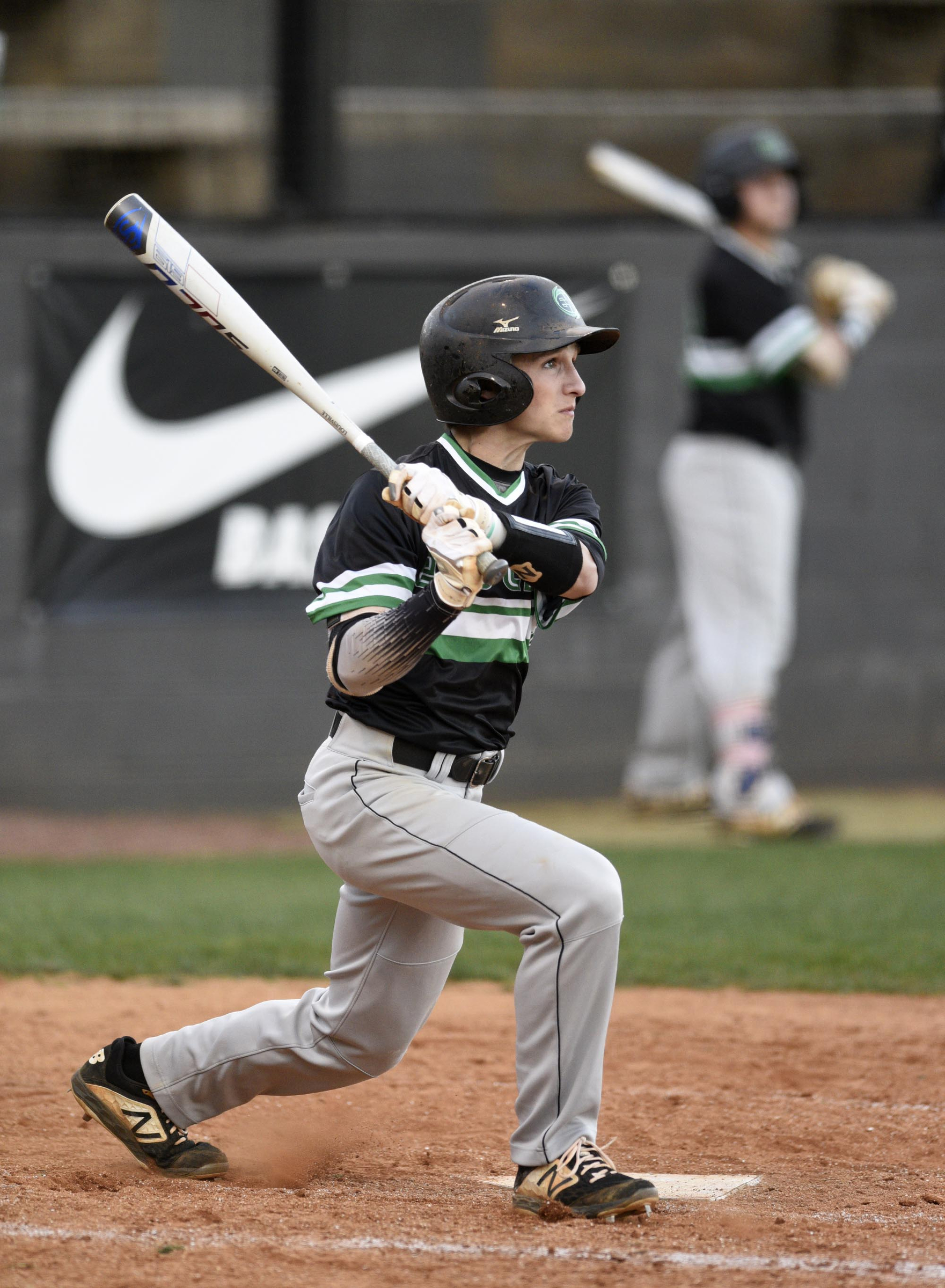 East Hamilton's Conner Thornburg (2) watches the ball fly into centerfield. The East Hamilton Hurricanes visited the Bradley Central Bears in TSSAA baseball action on April 16, 2019.