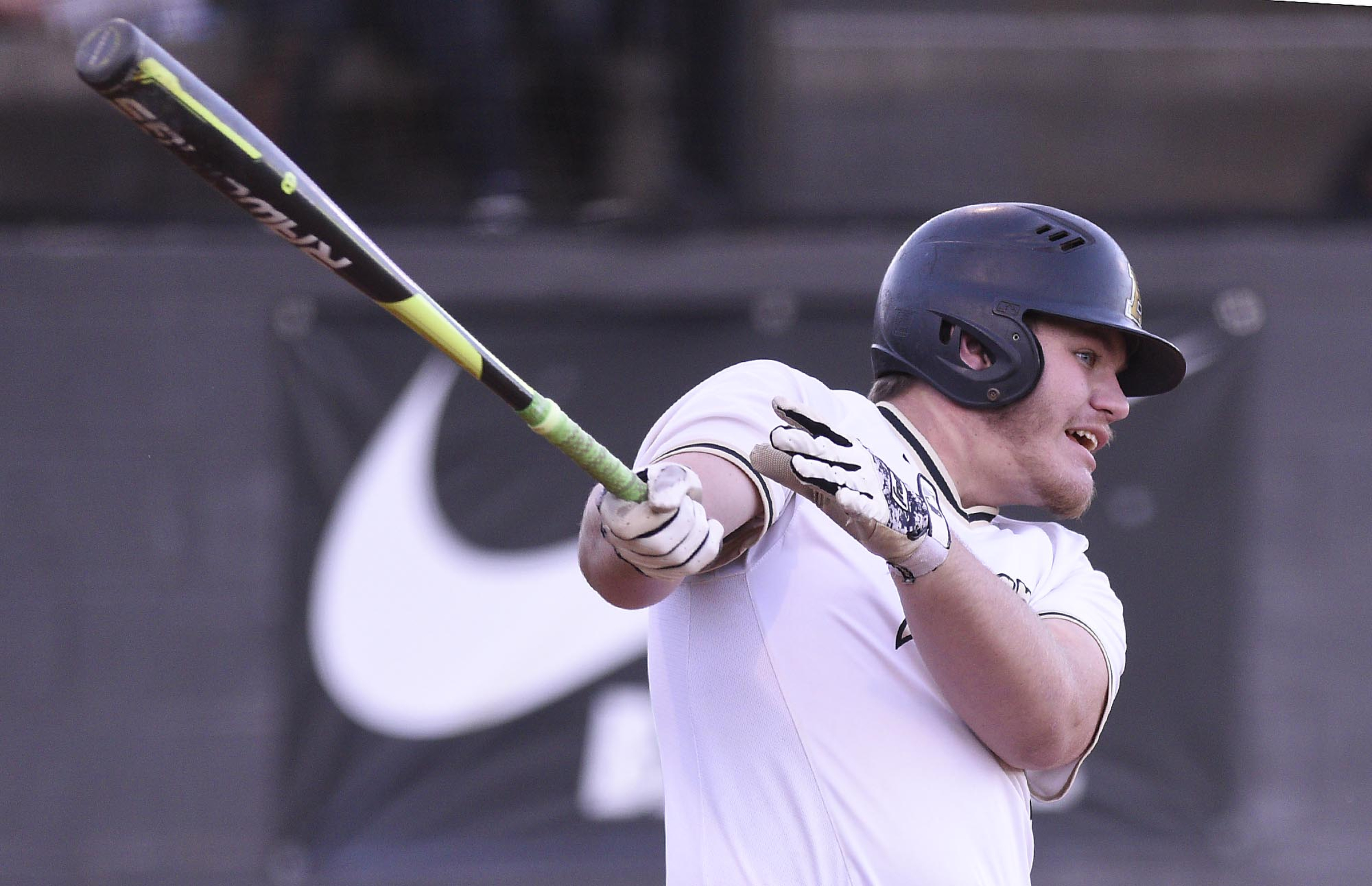 Bradley's Jake Thompson (29) follows through on a rbi single for the bear's first run. The East Hamilton Hurricanes visited the Bradley Central Bears in TSSAA baseball action on April 16, 2019.