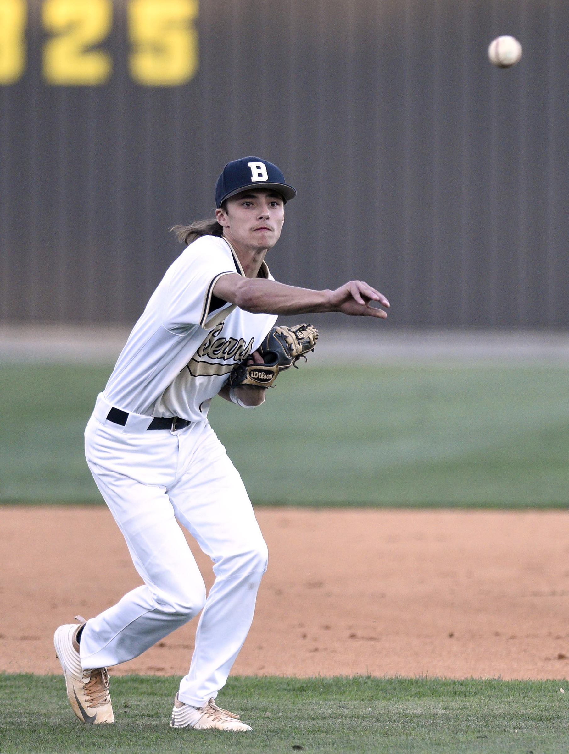 Bradley third baseman Ryan Giovengo (1) throws out a East Hamilton runner. The East Hamilton Hurricanes visited the Bradley Central Bears in TSSAA baseball action on April 16, 2019.