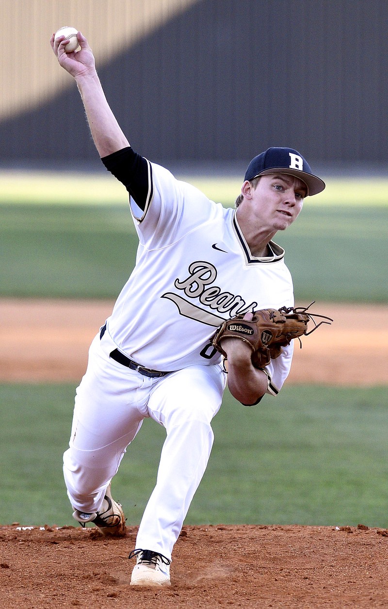 Dylan Standifer (8) pitches for the bears.  The East Hamilton Hurricanes visited the Bradley Central Bears in TSSAA baseball action on April 16, 2019.