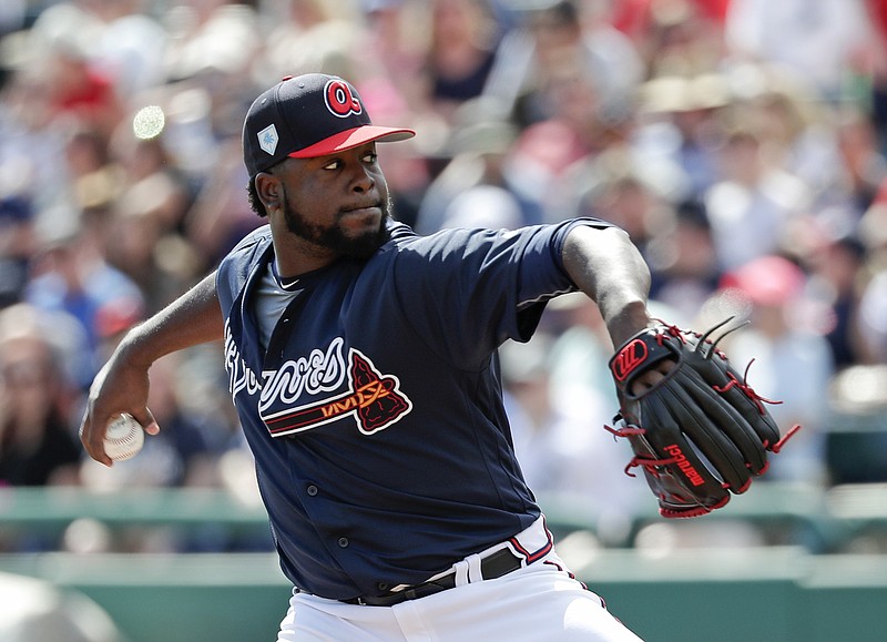 Atlanta Braves reliever Arodys Vizcaino pitches during a spring training game against the Miami Marlins on March 3 in Kissimmee, Fla.