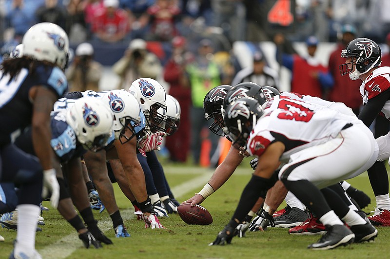 The Tennessee Titans, left, line up against the Atlanta Falcons during their most recent regular-season matchup, on Oct. 25, 2015, in Nashville. The Falcons will host the Titans on Sept. 29 this season. Their all-time series is tied, 7-7.