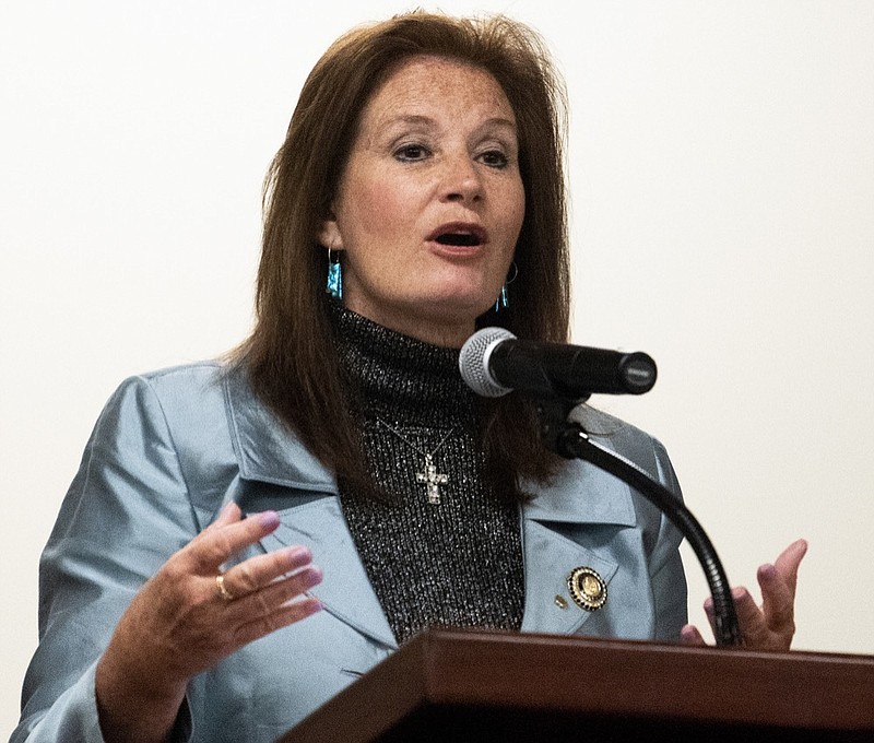 State Rep. Terri Collins introduces her bill HB314, a bill that seeks to ban almost all abortions in the state, before the House Health Committee, Wednesday April 17, 2019, in Montgomery, Ala. (Mickey Welsh/The Montgomery Advertiser via AP)

