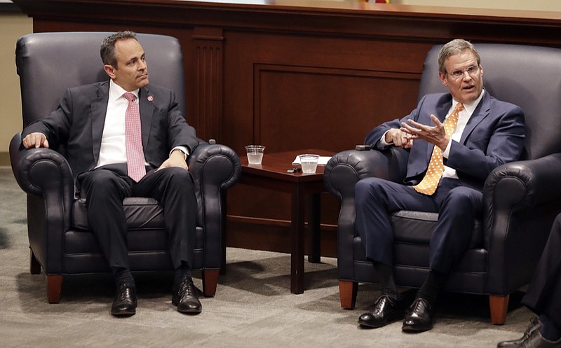 Kentucky Gov. Matt Bevin, left, and Tennessee Gov. Bill Lee take part in a discussion on state-level criminal justice reform, Wednesday, April 17, 2019, in Nashville, Tenn. (AP Photo/Mark Humphrey)

