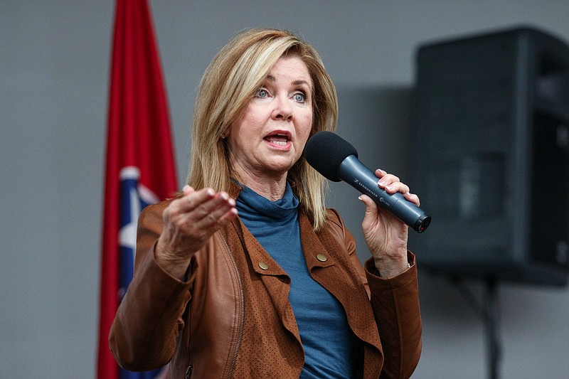 U.S. Senatorial candidate Marsha Blackburn speaks during an appearance at East Ridge Motors on Saturday, Oct. 27, 2018, in East Ridge, Tenn. Blackburn appeared at the campaign event along with U.S. Rep. Chuck Fleischmann and representatives from the Family Research Council.