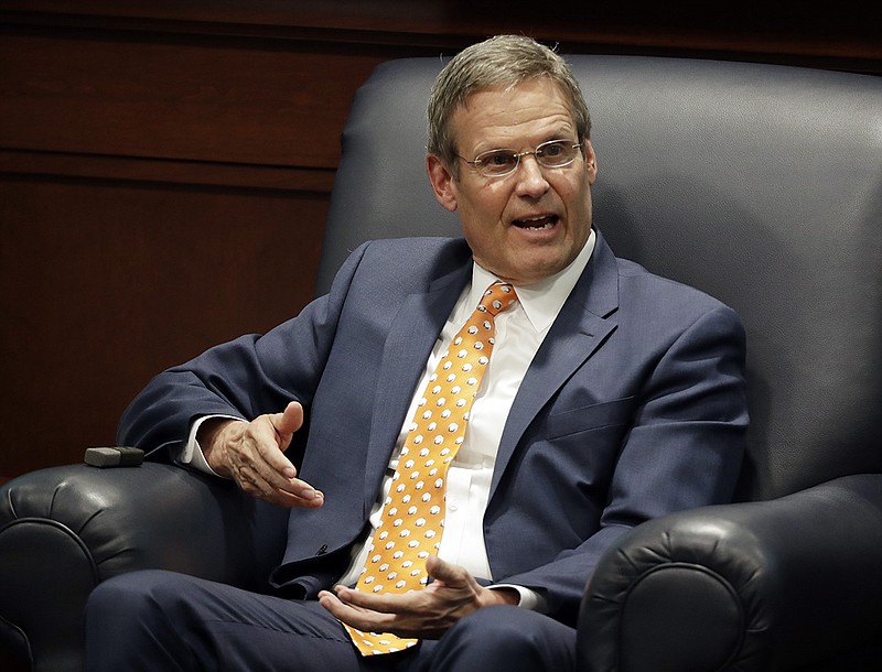 Tennessee Gov. Bill Lee takes part in a discussion on state-level criminal justice reform Wednesday, April 17, 2019, in Nashville, Tenn. (AP Photo/Mark Humphrey)