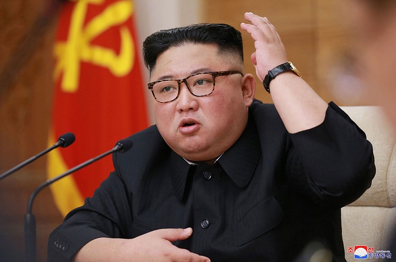 In this April 9, 2019, file photo provided by the North Korean government, North Korean leader Kim Jong Un addresses the Political Bureau of the Central Committee of the ruling Workers' Party of Korea in Pyongyang.